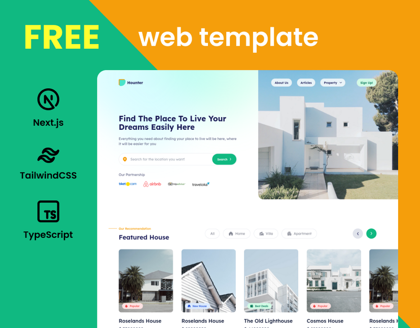 Hounter | FREE Real estate Landing page template | NextJS - TailwindCSS